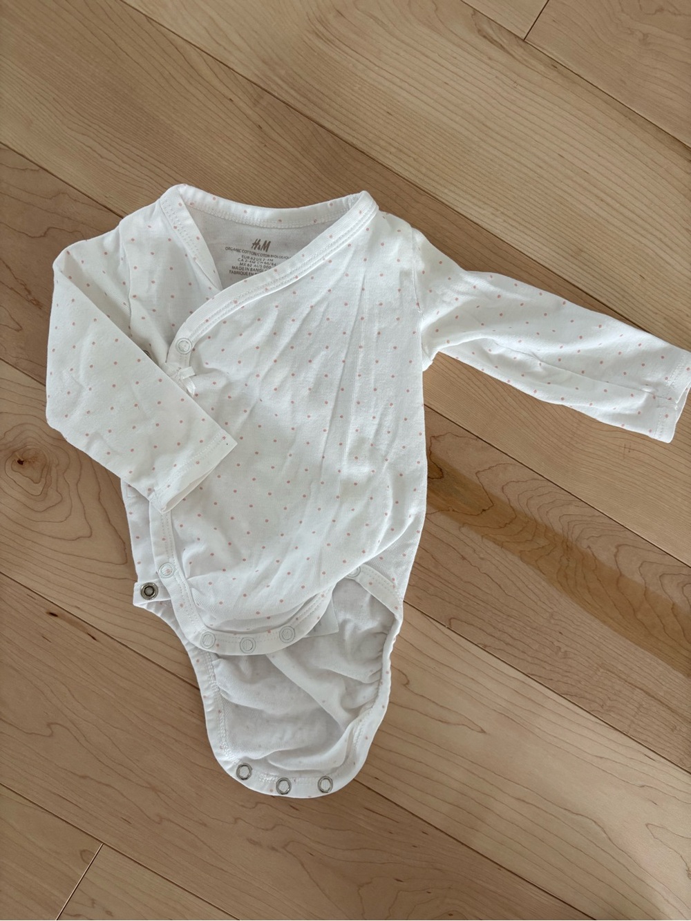 H&M White Wrap-Front Long-Sleeve One-Piece with Pink Dot Print